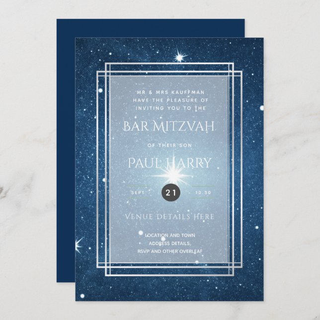Starry Night Blue Bar Bat Mitzvah Einladungen (Vorne/Hinten)