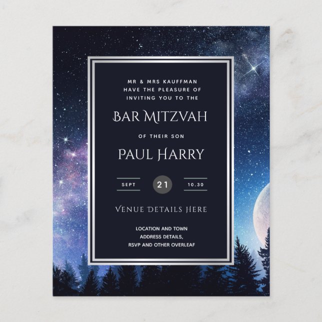 Starry Night Blue Bar Bat Mitzvah Einladungen (Vorderseite)