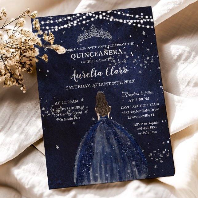 Starry Night Blue Dress Silver Quinceañera Einladung (Von Creator hochgeladen)