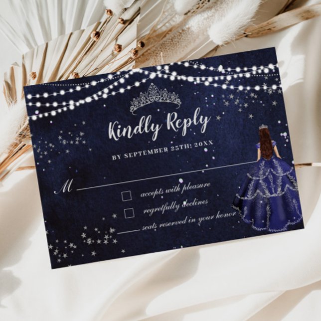 Starry Night Blue Dress Silver Quinceañera RSVP Karte (Von Creator hochgeladen)