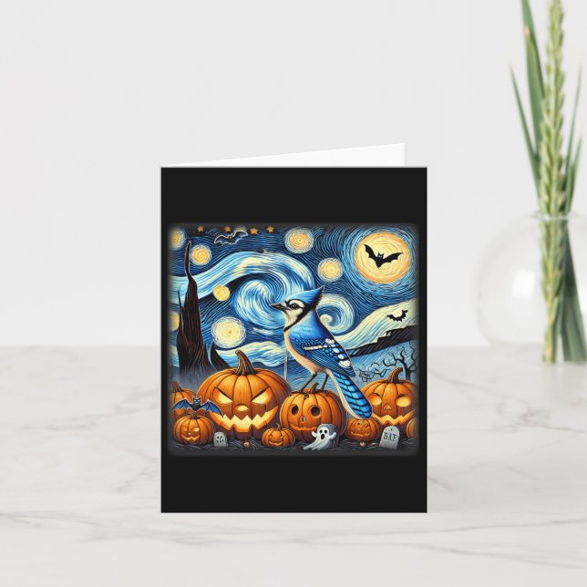 Starry Night Blue Jay Halloween Karte (Vorderseite)