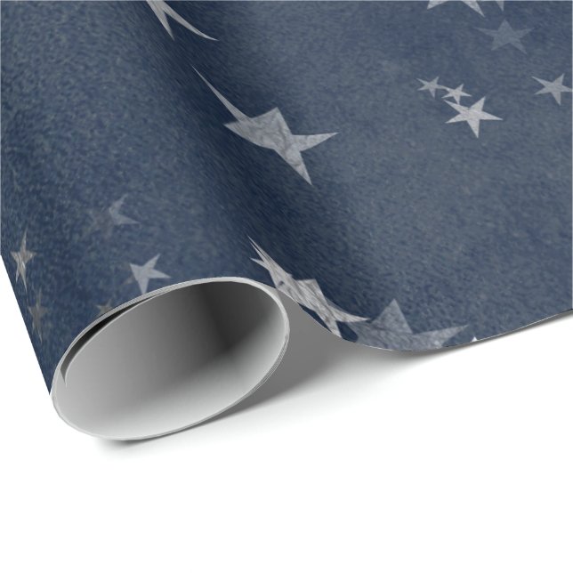 Starry Night Blue Navy Stars Gray Silver Confetti Geschenkpapier (Rolleneckpunkt)