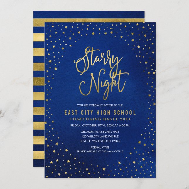 Starry Night Blue Watercolor Imitats Gold Scool Da Einladung (Vorne/Hinten)