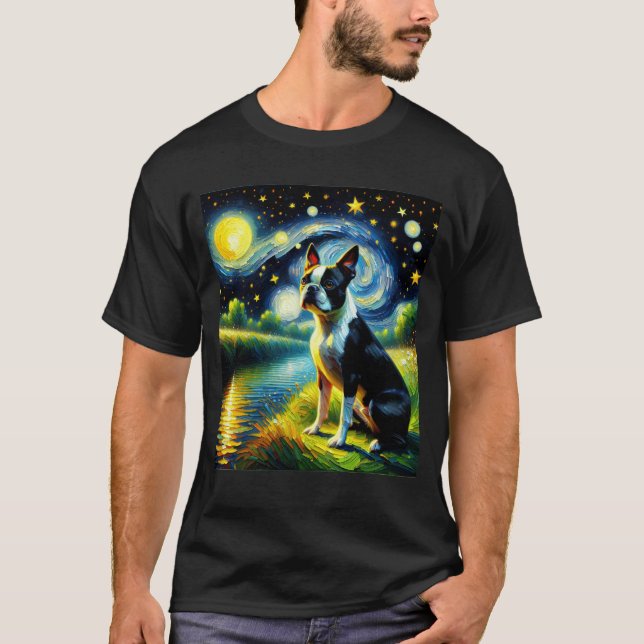 Starry Night Boston Terrier Dog Van Gogh Lover T-Shirt (Vorderseite)