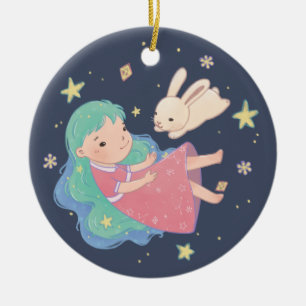 Starry Night Bunny & Girl Illustration Keramik Ornament