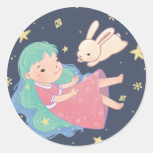 Starry Night Bunny & Girl Illustration Runder Aufkleber