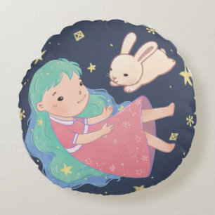 Starry Night Bunny & Girl Illustration Rundes Kissen