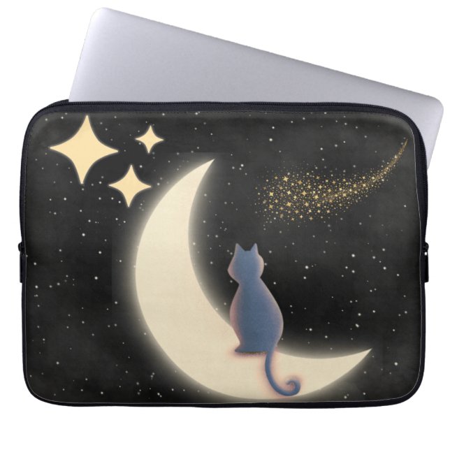 Starry Night Cat and Crescent Moon Laptopschutzhülle (Vorderseite)