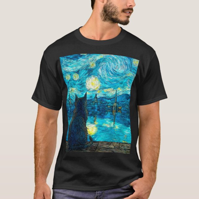 Starry Night Cat Art – Van Gogh Style Night  T-Shirt (Vorderseite)