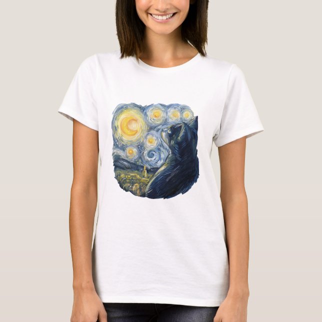 Starry Night Cat Artistic Van Gogh Style Art T-Shirt (Vorderseite)
