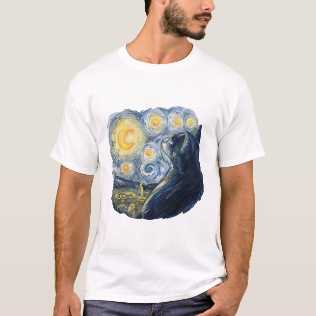 Starry Night Cat Artistic Van Gogh Style Art T-Shirt (Vorderseite)