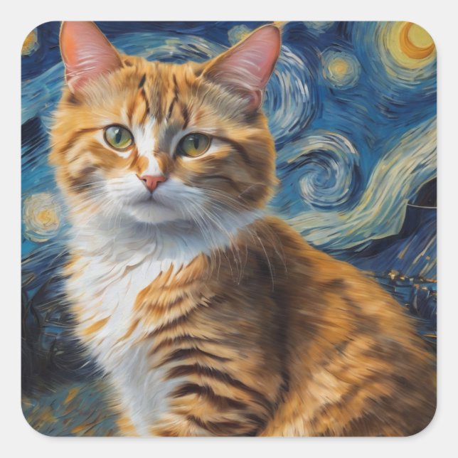 Starry Night Cat Quadratischer Aufkleber (Vorderseite)