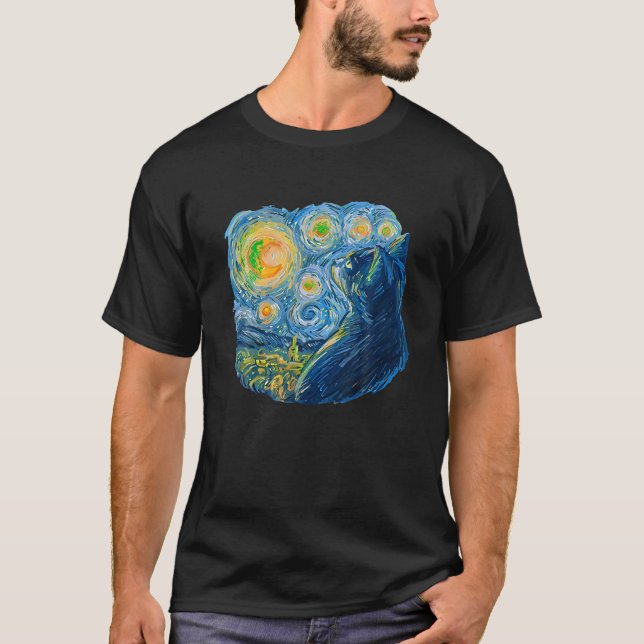 Starry Night Cat van Gogh Berühmte Malerei T Shirt (Vorderseite)