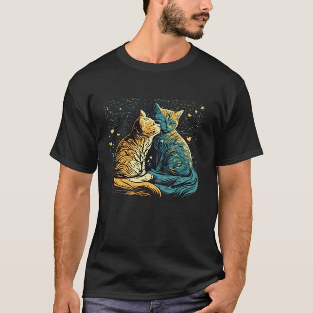 Starry Night Cat Van Gogh Cat Funny Couples Cat Lo T-Shirt (Vorderseite)