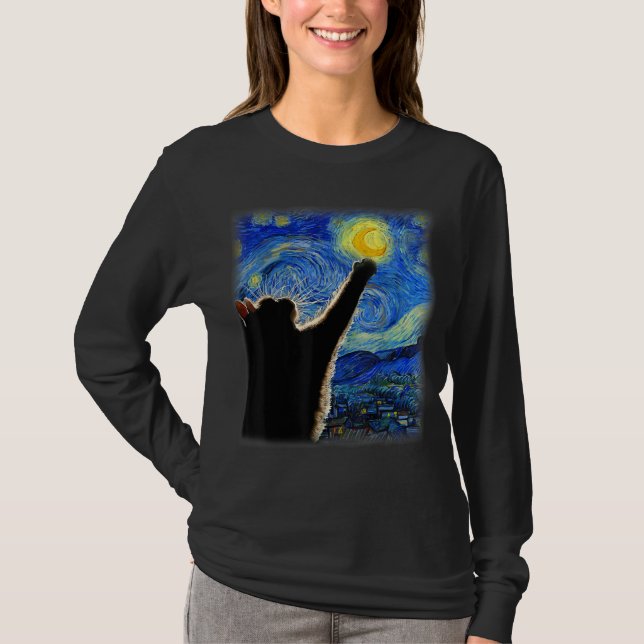 Starry Night Cat, Van Gogh Cat Lover Cat Vater Mam T-Shirt (Vorderseite)