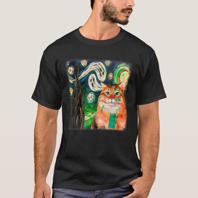 Starry Night Cat Van Gogh Ghost Beängstigend Hallo T-Shirt (Vorderseite)