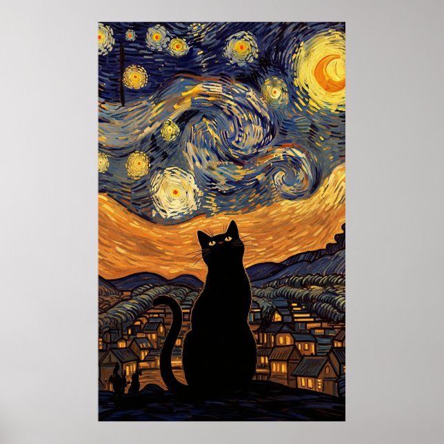 Starry Night Cat Van Gogh Inspired Starry Sky Poster (Vorne)