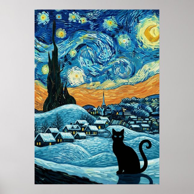 Starry Night Cat Van Gogh Inspired Starry Sky Poster (Vorne)