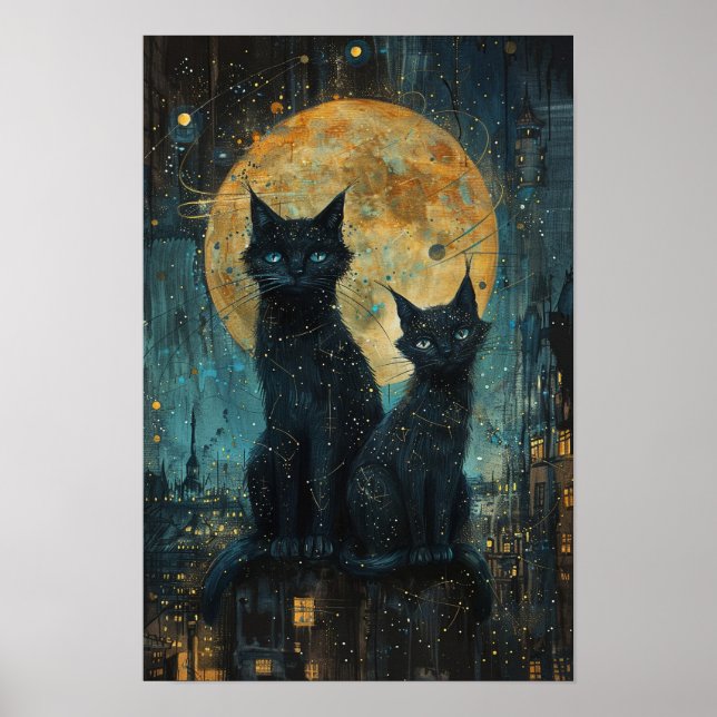 Starry Night Cats: Cosmic City Rooftop Kunst Poster (Vorne)