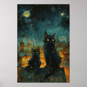 Starry Night Cats: Cosmic City Rooftop Kunst Poster