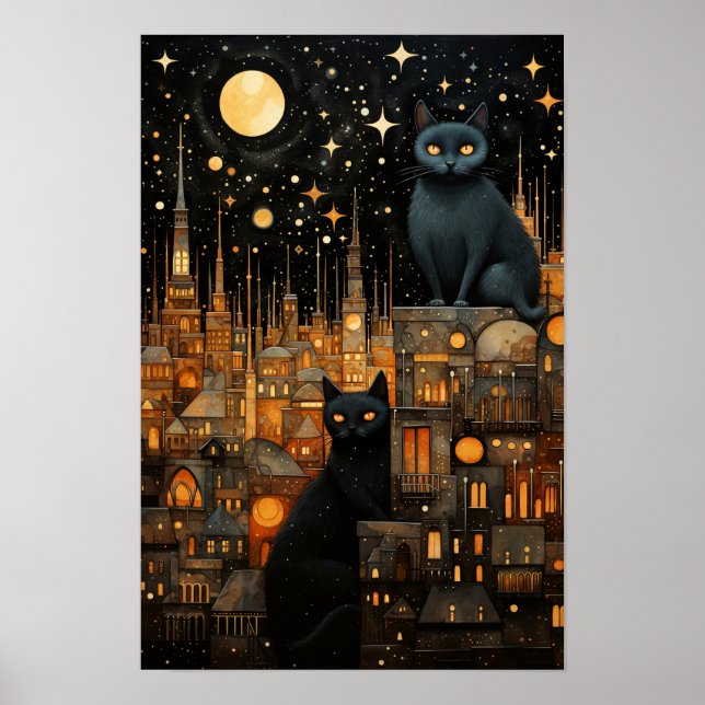 Starry Night Cats: Cosmic City Rooftop Kunst Poster (Vorne)