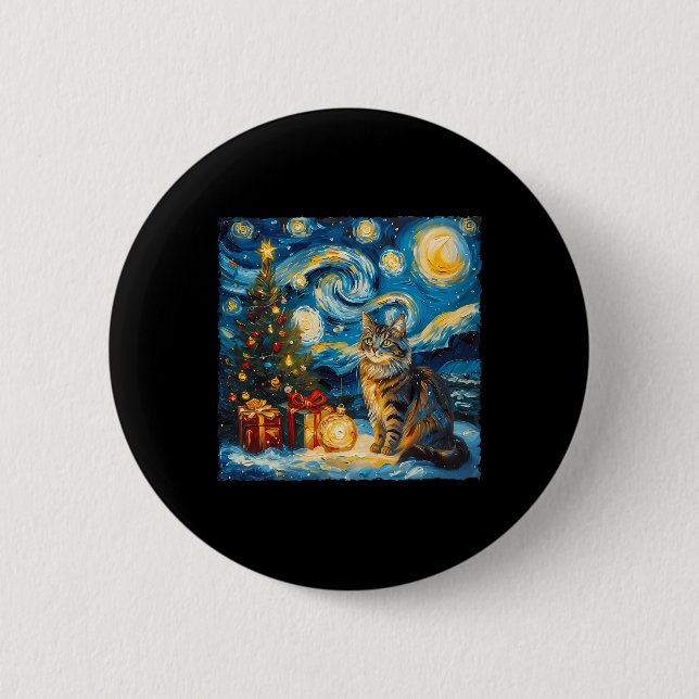 Starry Night Christmas Norwegian Forest Art Van Go Button (Vorderseite)
