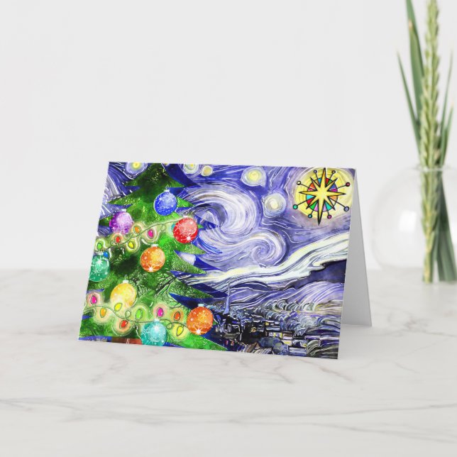 Starry Night Christmas Tree Wasserfarbe Karte (Vorderseite)