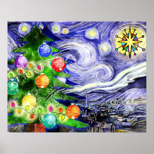 Starry Night Christmas Tree Wasserfarbe Poster