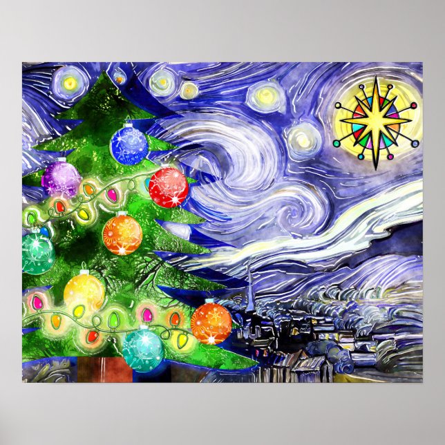 Starry Night Christmas Tree Wasserfarbe Poster (Vorne)