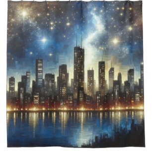 "Starry Night Cityscape Reflections" Duschvorhang