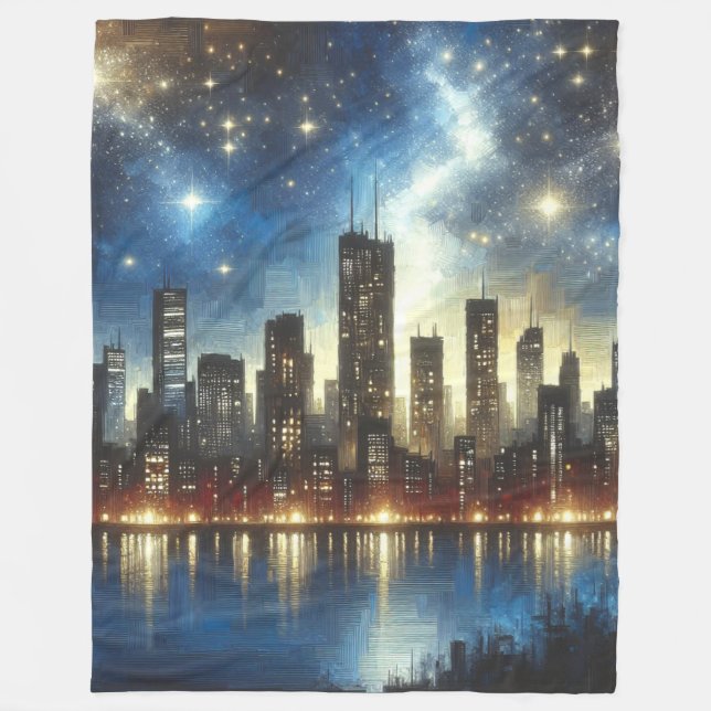 "Starry Night Cityscape Reflections" Fleecedecke (Vorderseite)