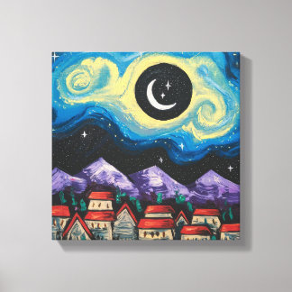 Starry Night Crescent Moon über Village Art Print Leinwanddruck