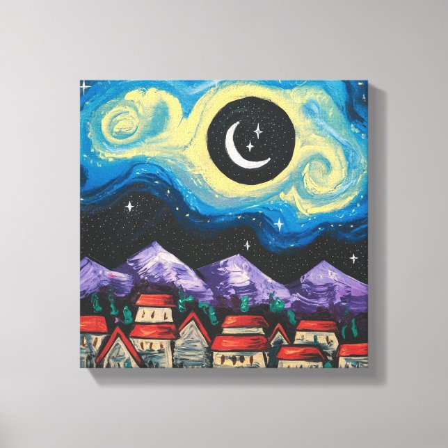Starry Night Crescent Moon über Village Art Print Leinwanddruck (Vorderseite)