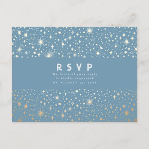Starry Night Dusty Blue und Gold Wedding RSVP Postkarte