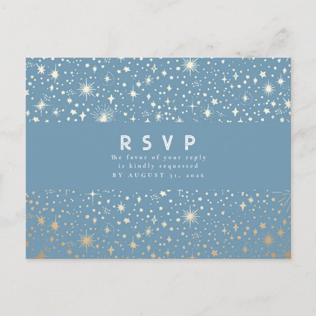 Starry Night Dusty Blue und Gold Wedding RSVP Postkarte (Vorderseite)