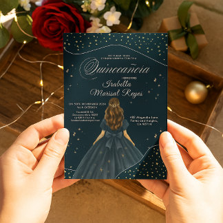 Starry Night Elegant Blue Gown Quinceañera Einladung