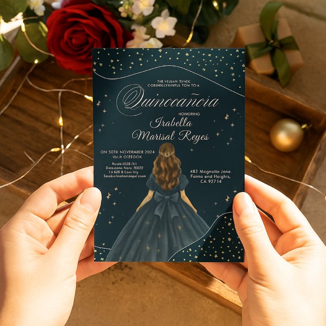 Starry Night Elegant Blue Gown Quinceañera Einladung (Von Creator hochgeladen)