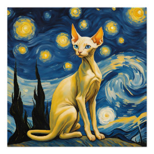 Starry Night Elf Sphinx Cat Van Gogh Kunstmalerei Poster