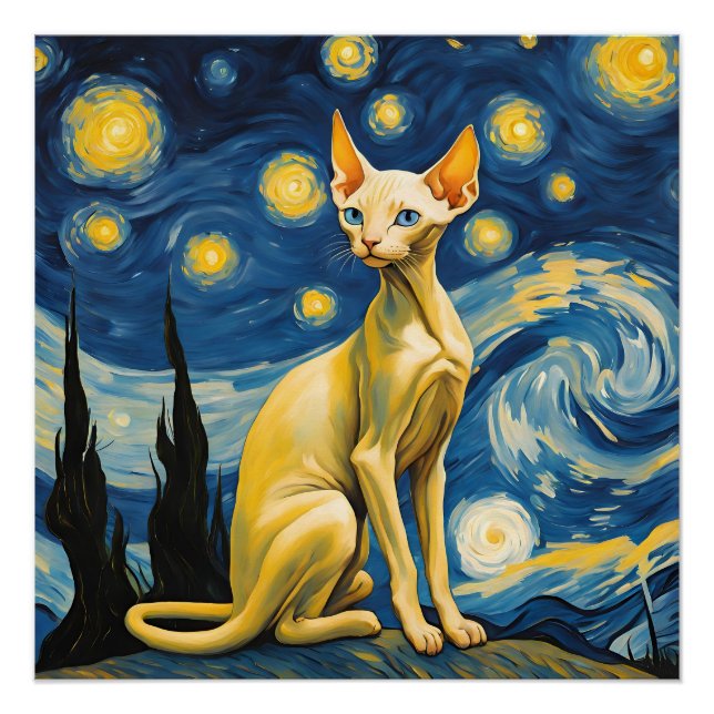 Starry Night Elf Sphinx Cat Van Gogh Kunstmalerei Poster (Vorderseite)