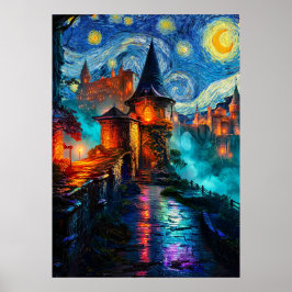 Starry Night Fantasy Castle Magical Oil Painting Poster