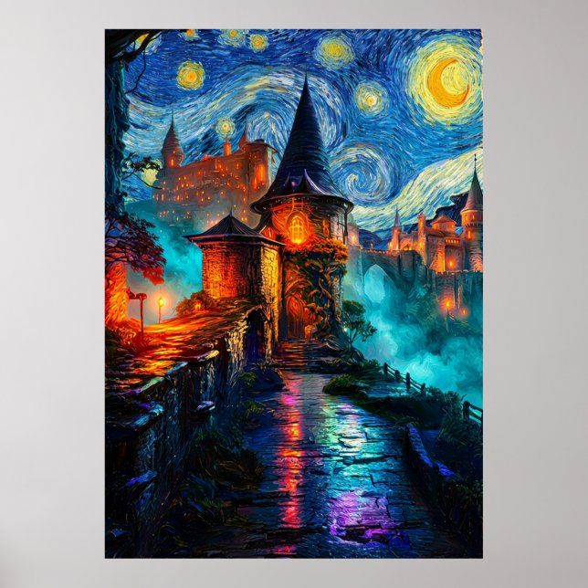 Starry Night Fantasy Castle Magical Oil Painting Poster (Vorne)