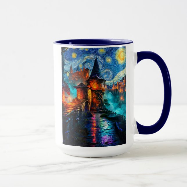 Starry Night Fantasy Fortress Magical Art Tasse (Rechts)