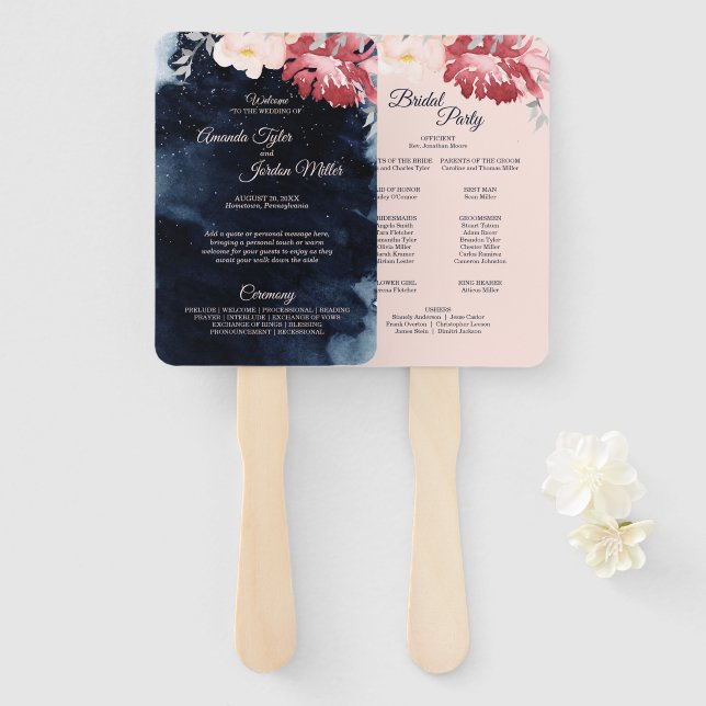 Starry Night Floral Wedding Program Hand Fan Fächer (Vorne und Hinten)