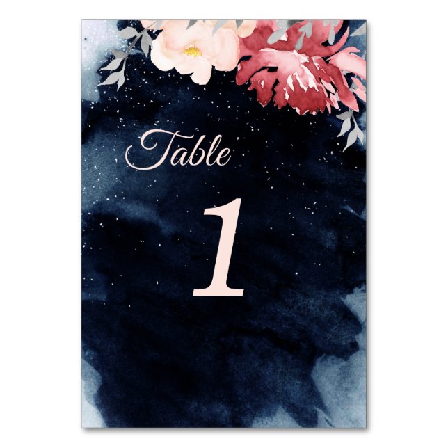 Starry Night Floral Wedding Tischnummern unterzeic (Vorderseite)