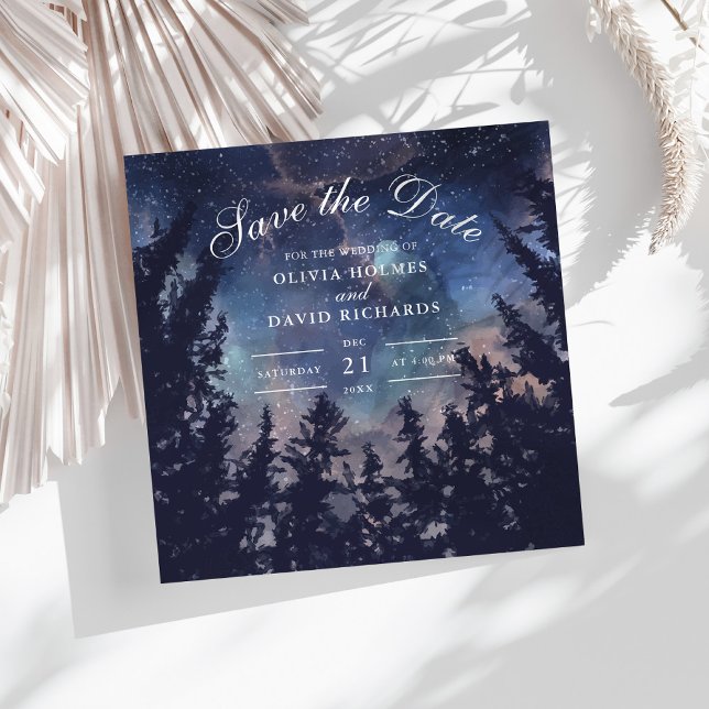 Starry Night Forest Save the Date Card (Starry Night Forest Save The Date Card on a white boho table with dry palm leaf.)