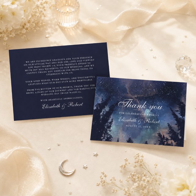 Starry Night Forest Wedding Dankeskarte (Starry Night Forest Celestial Wedding Thank You Card on a table with flowers and celestial decor)