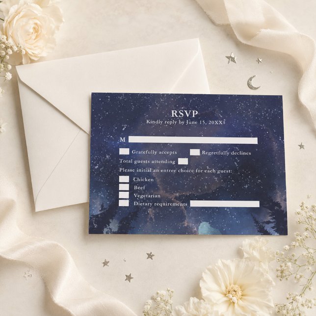 Starry Night Forest Wedding RSVP Card Dankeskarte (Starry Night Forest Celestial Wedding RSVP Card on a table with flowers and ribbons)