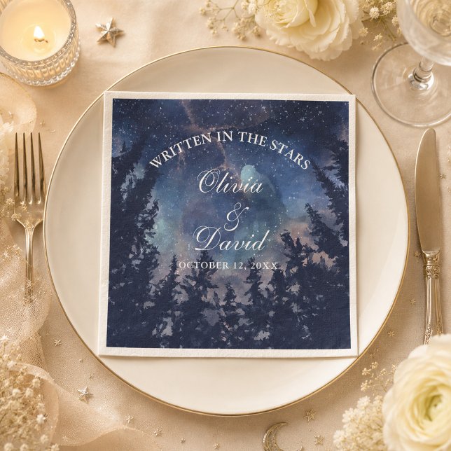 Starry Night Forest Wedding Serviette (Starry Night Forest Celestial Wedding Napkins on an elegant celestial wedding dinner table)
