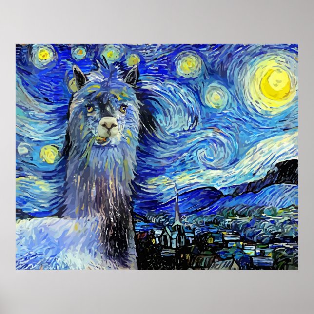 Starry Night Funny Alpaca Landschaft Parody Poster (Vorne)
