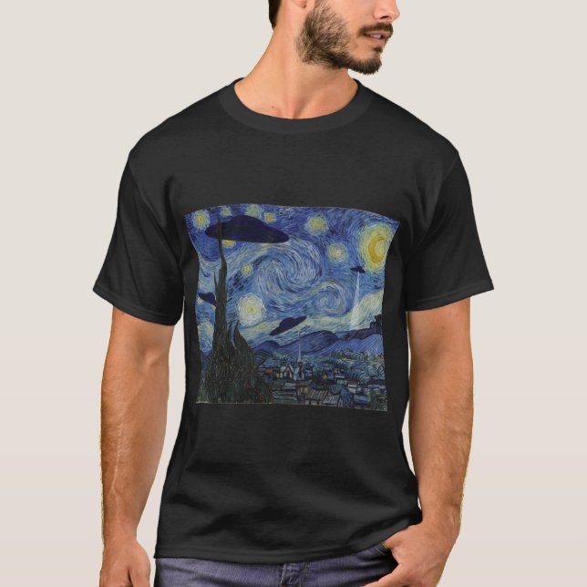 Starry Night Funny Van Gogh Gemälde UFO Alien Abd T-Shirt (Vorderseite)
